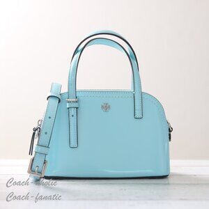 NWT Tory Burch Emerson Patent Leather Dome Satchel Crossbody in Light Celeste